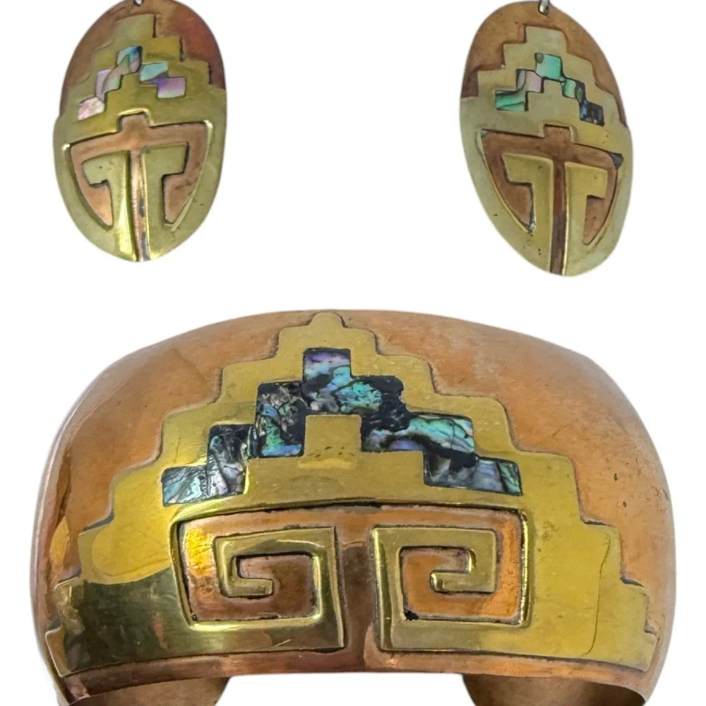 1980s CORBE Mexico Brass Abalone Cuff Bracelet & Earrings Geometric Dangle